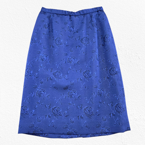 Vintage 80s Royal Blue Jacquard Skirt Suit Floral Formal Skirt Blazer Size 12P - Picture 9 of 16